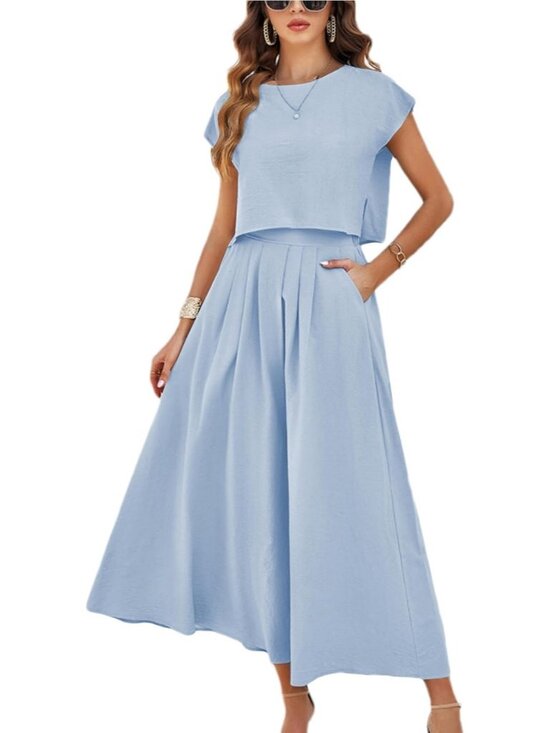 Dresses & Skirts - Women's Blue Casual 2 Piece Outfits Crop Tops Cap Sleeve Waisted Maxi Dresses